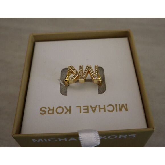 Michael Kors MKJX80277108 Women Sz 8 Gold Crystal Pavé MK Logo Fashion Ring - Picture 3 of 6